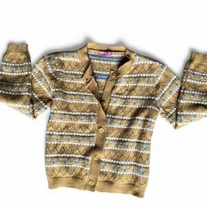 Adorable Yellow and Blue cotton blend knit Cardigan W/ floral embroidery